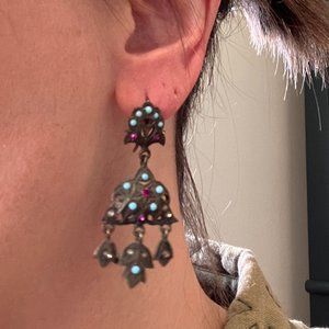 Artisan metal and gem earrings Dark copper-like metal, turquoise and pink gems